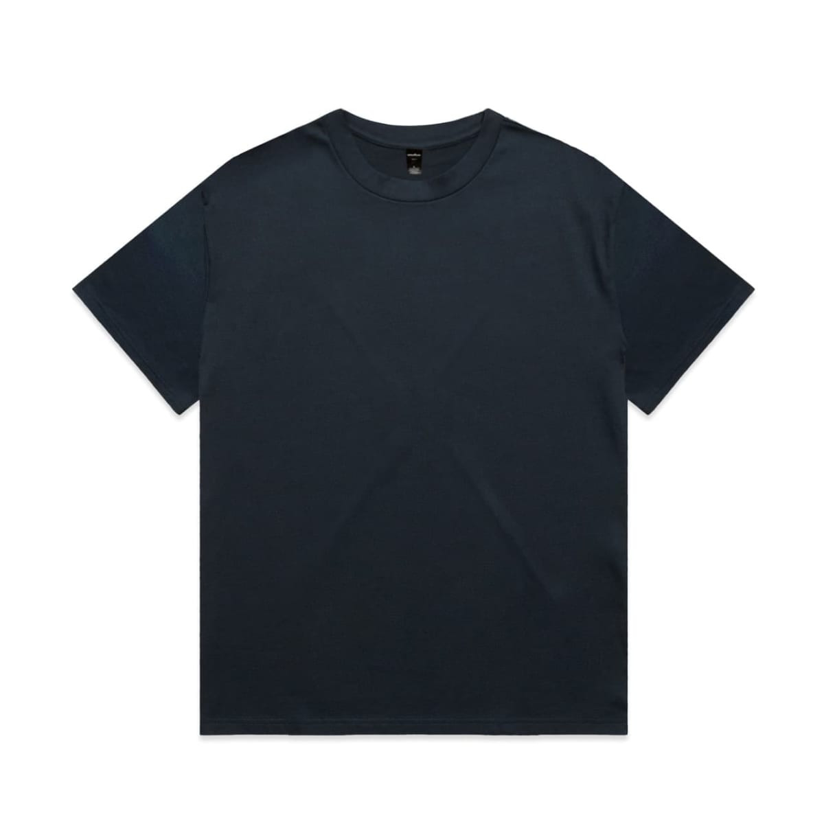 A navy blue heavy T-shirt with a round neckline and short sleeves, featuring a logo on the label.