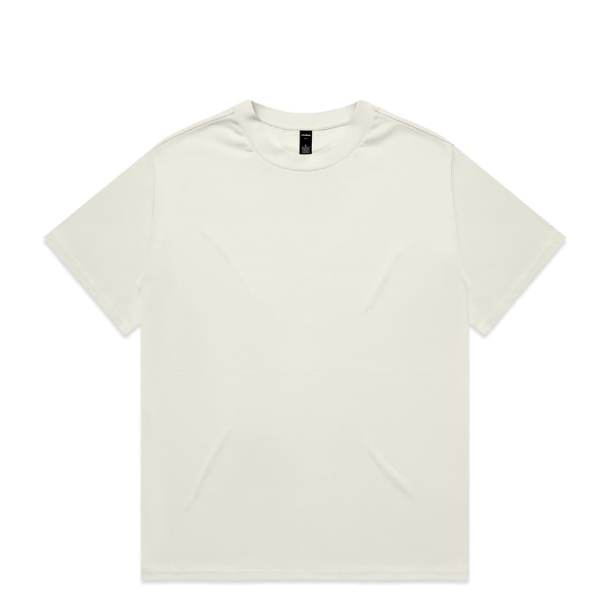 A plain white t-shirt with short sleeves, featuring a simple design and a brand logo on the label.