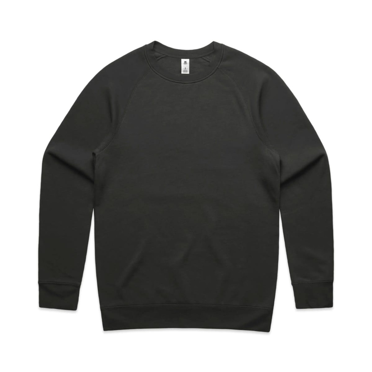 A black jumper with long sleeves and a crew neck design. The garment has a logo on the label.