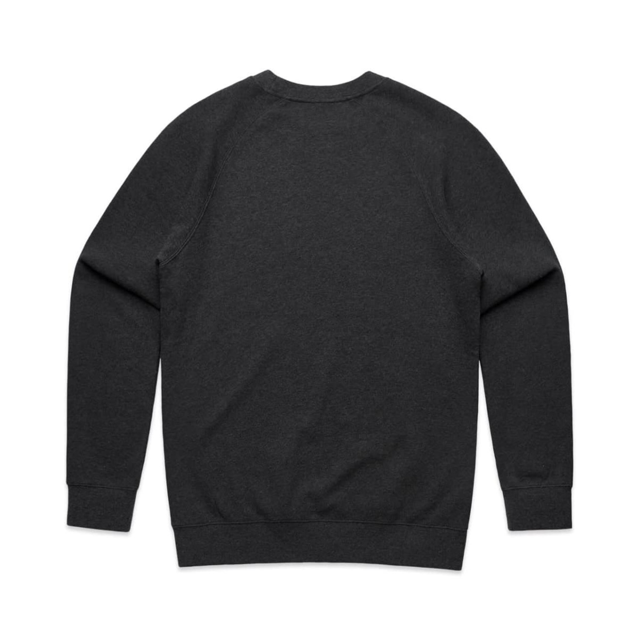 A dark grey jumper with long sleeves and a round neckline, featuring a plain back and no visible graphics.