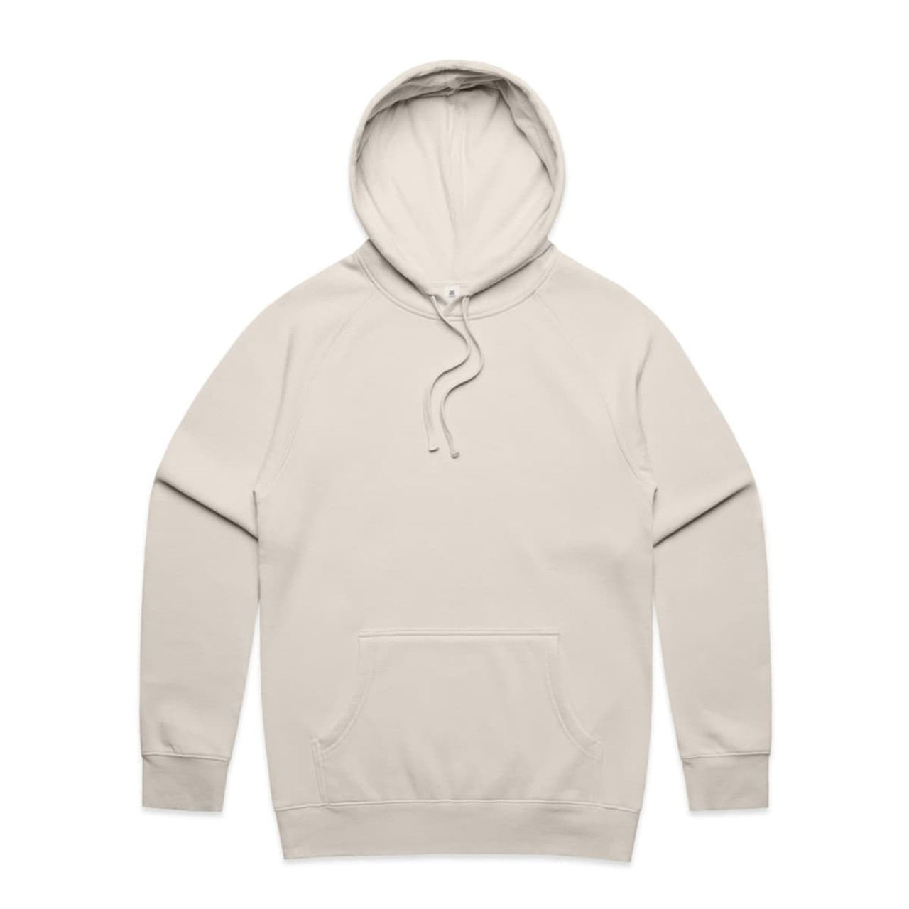A beige hoodie with a front pocket and a drawstring hood, featuring a small logo.