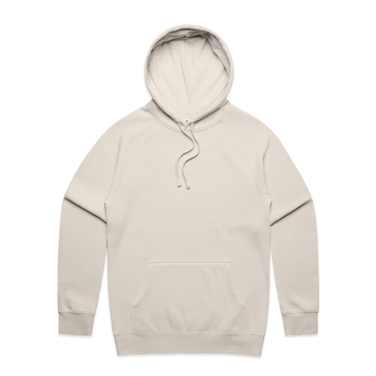 A beige hoodie with a front pocket and a drawstring hood, featuring a small logo.