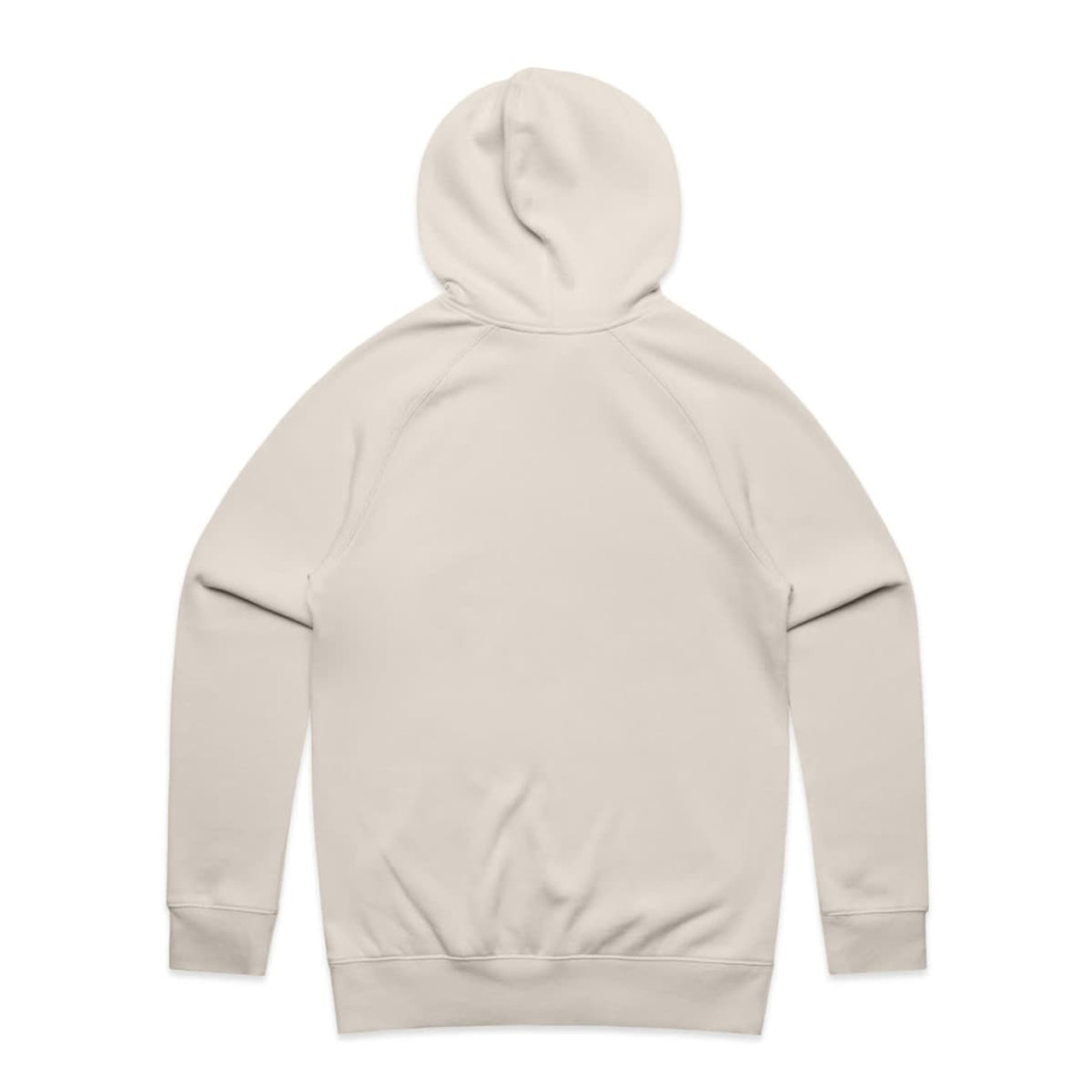 A plain beige hoodie with a back view, featuring a hood and long sleeves. The hoodie has a simple design and includes a logo.