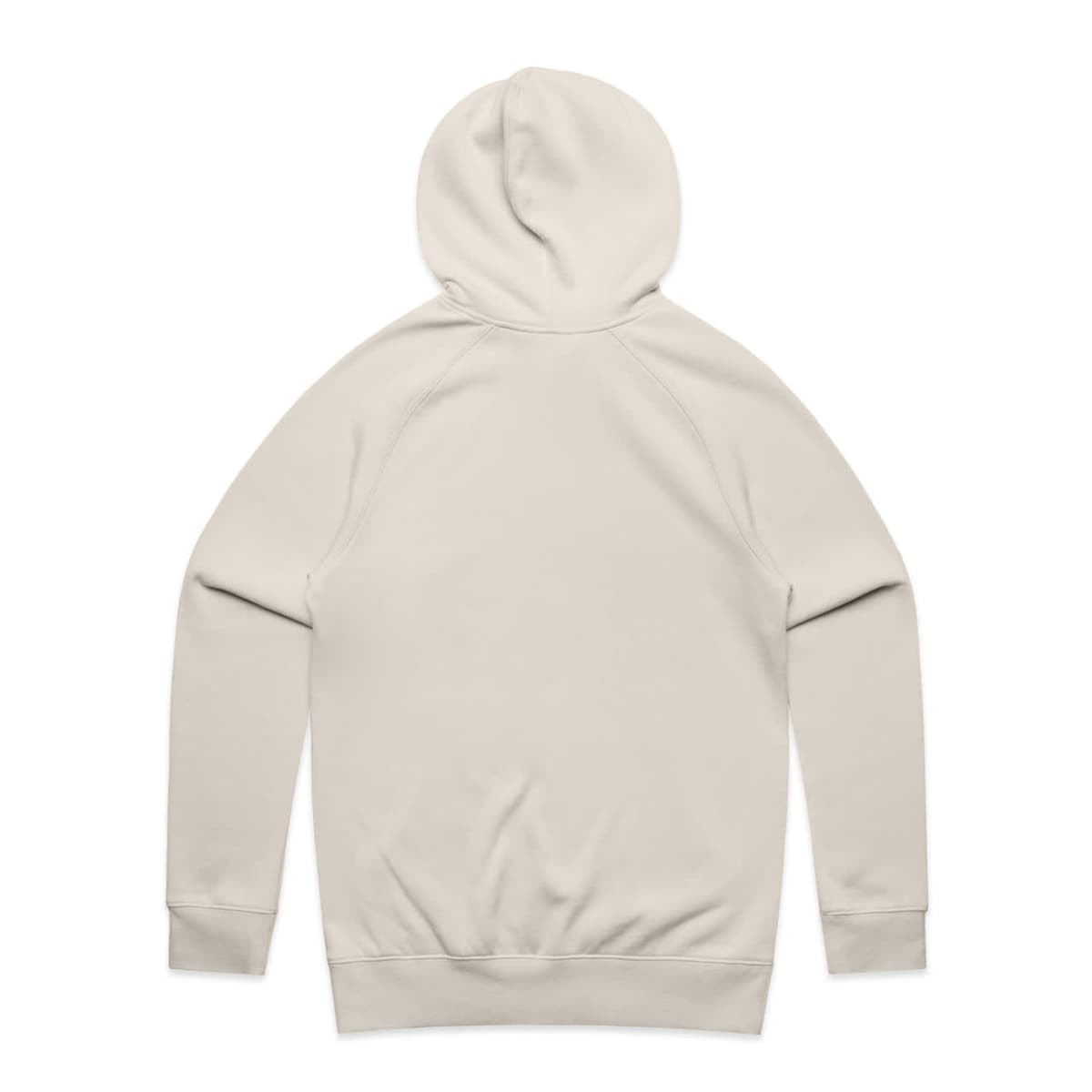 A plain beige hoodie with a back view, featuring a hood and long sleeves. The hoodie has a simple design and includes a logo.