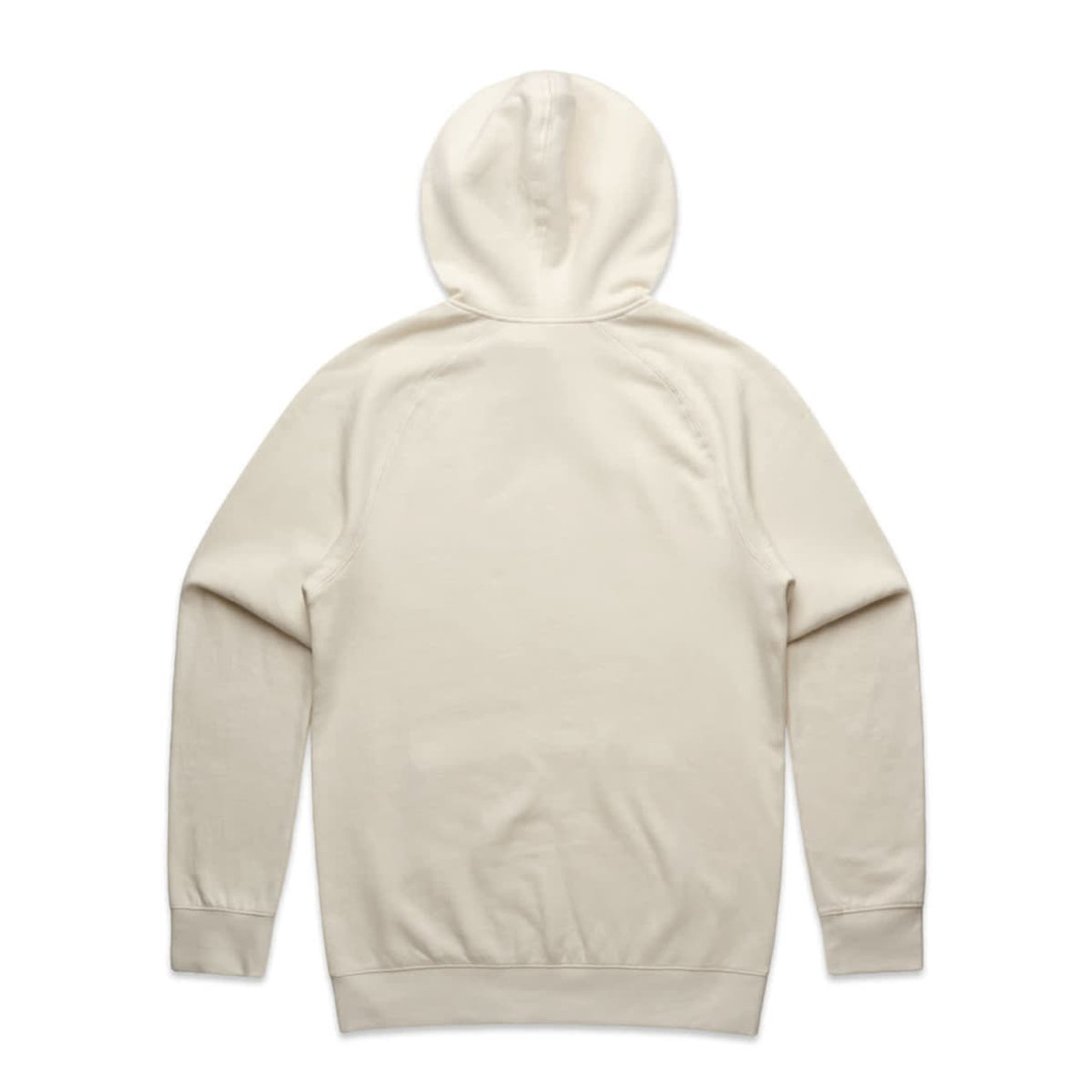 A beige hoodie featuring a hood and long sleeves, with a plain back design and a brand logo.