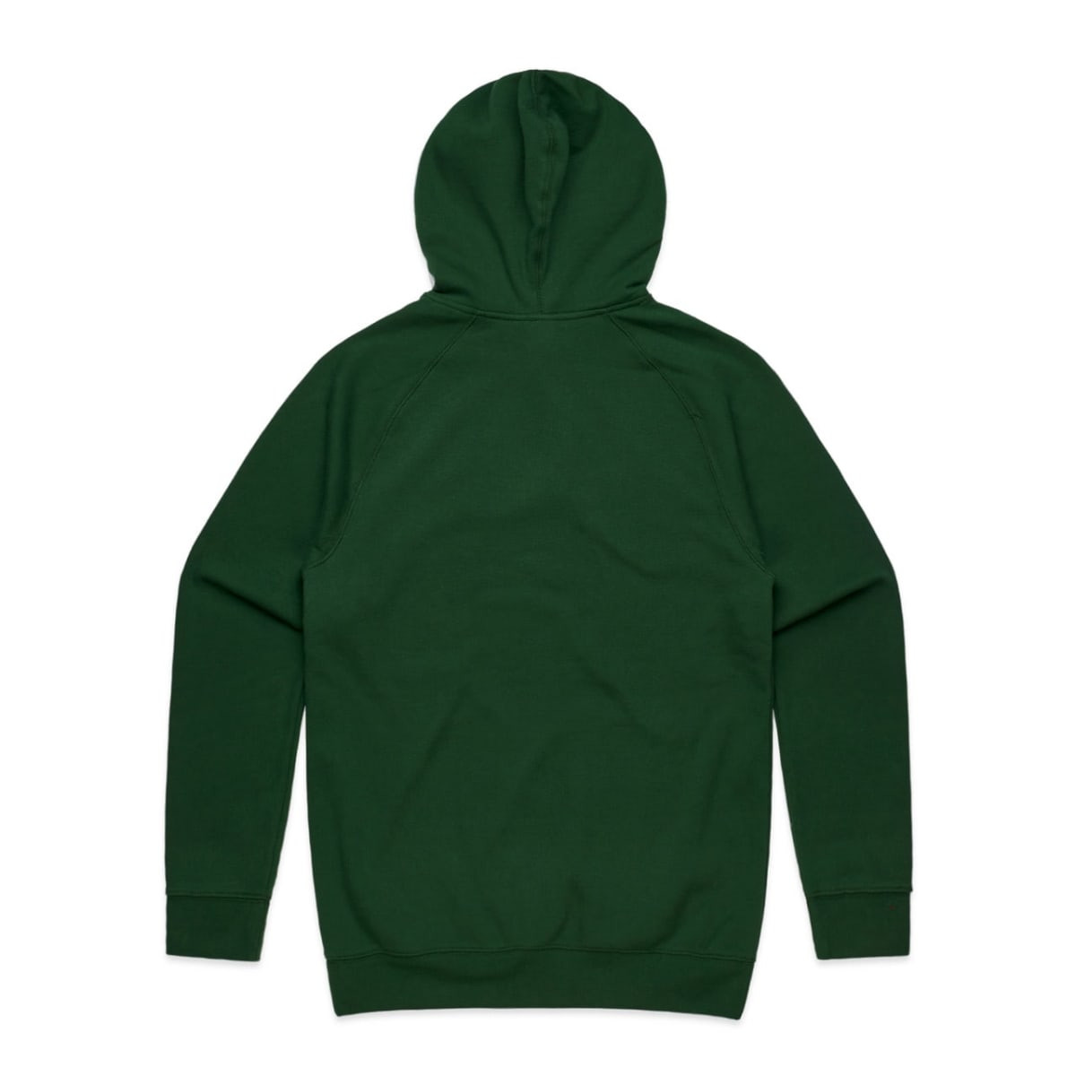 A green hoodie featuring a back view with a hood and long sleeves, including a logo on the fabric.