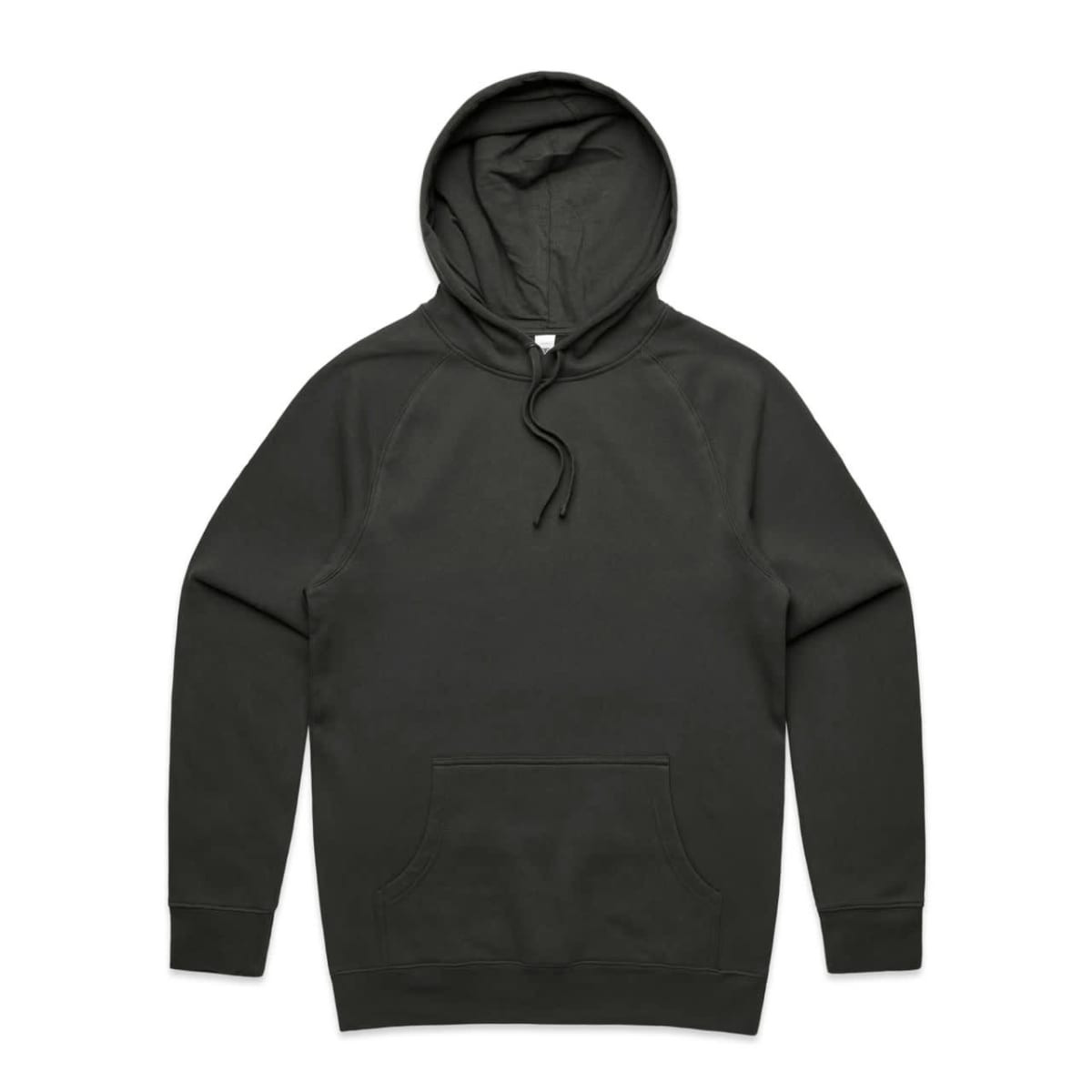 A dark green hoodie with a front pocket and a drawstring hood, featuring a logo on the label.
