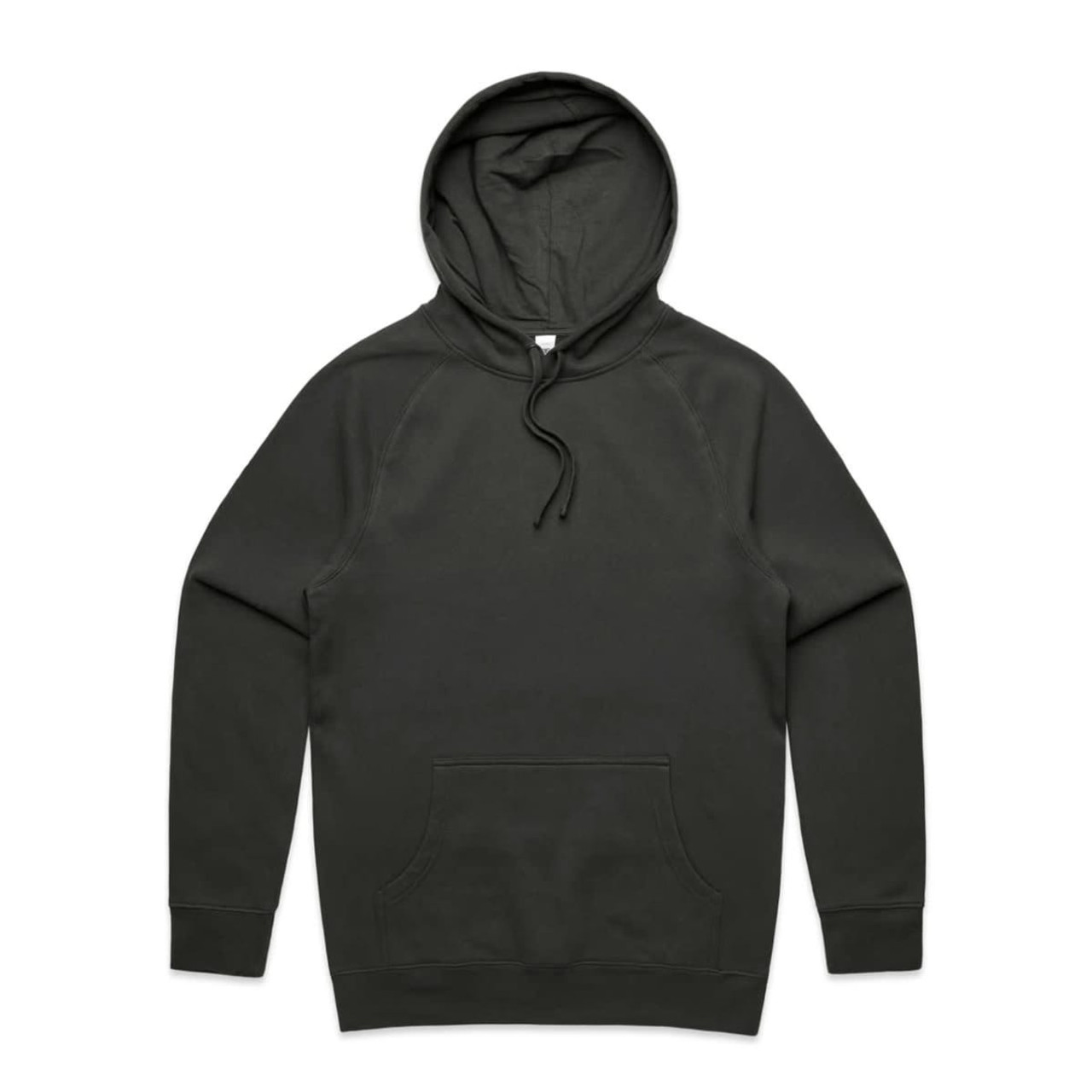 A dark green hoodie with a front pocket and a drawstring hood, featuring a logo on the label.