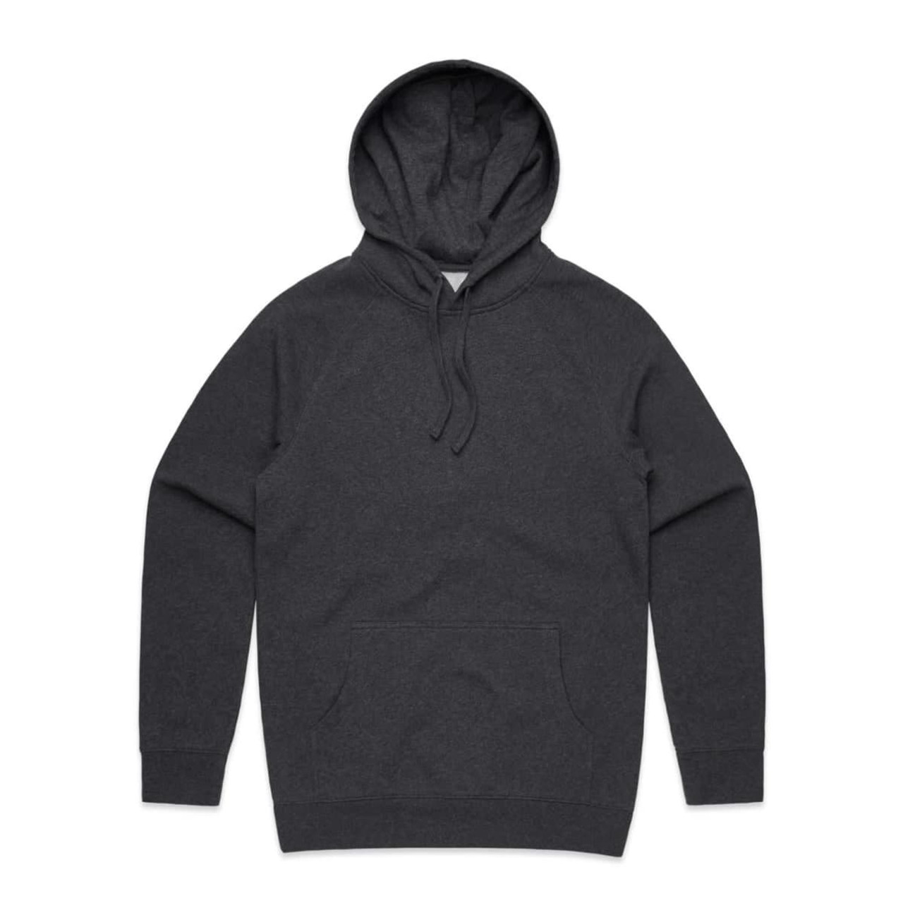 A charcoal grey hoodie featuring a front pocket and a hood, with a logo present.