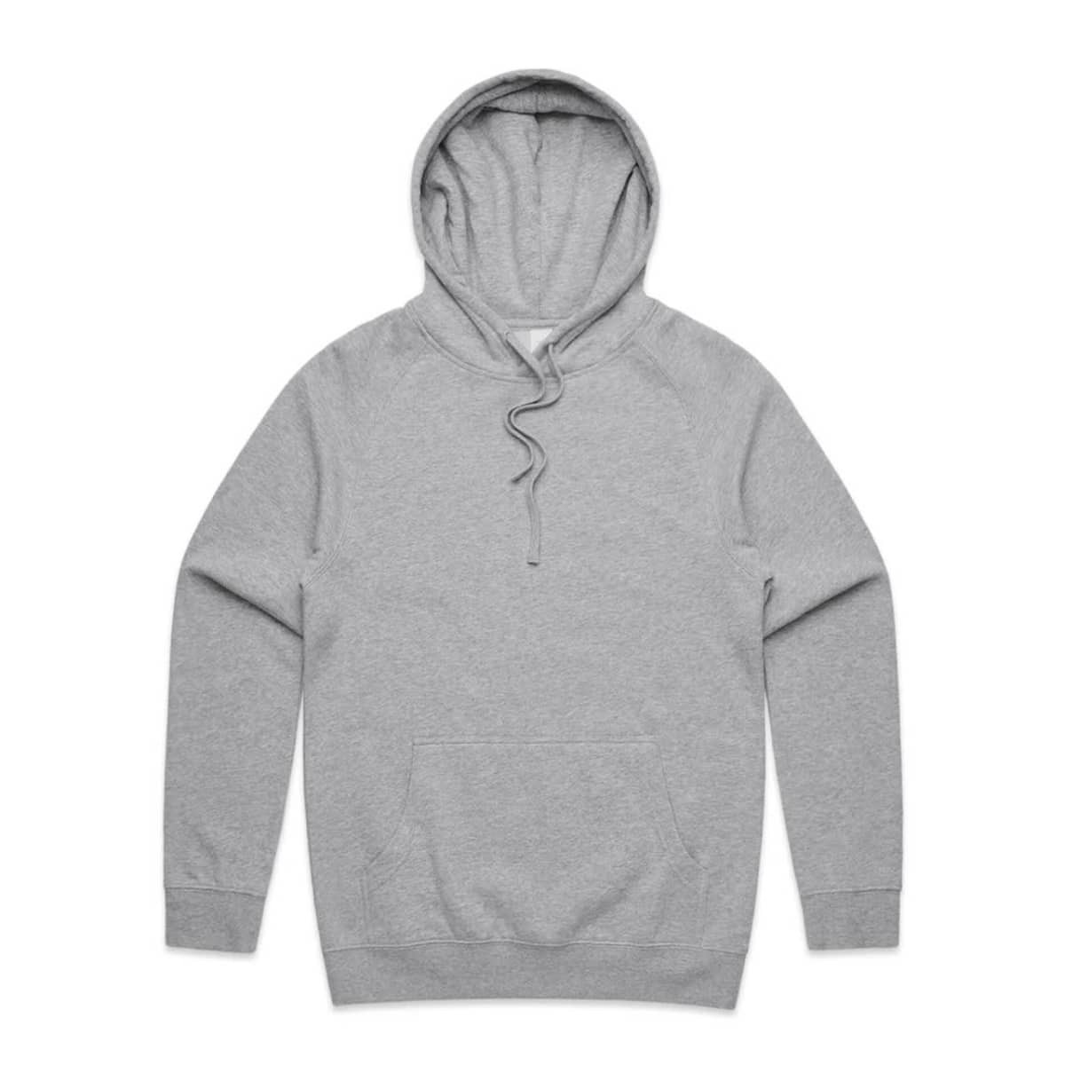 A grey hoodie with a front pocket and a drawstring hood, featuring a logo on one side.