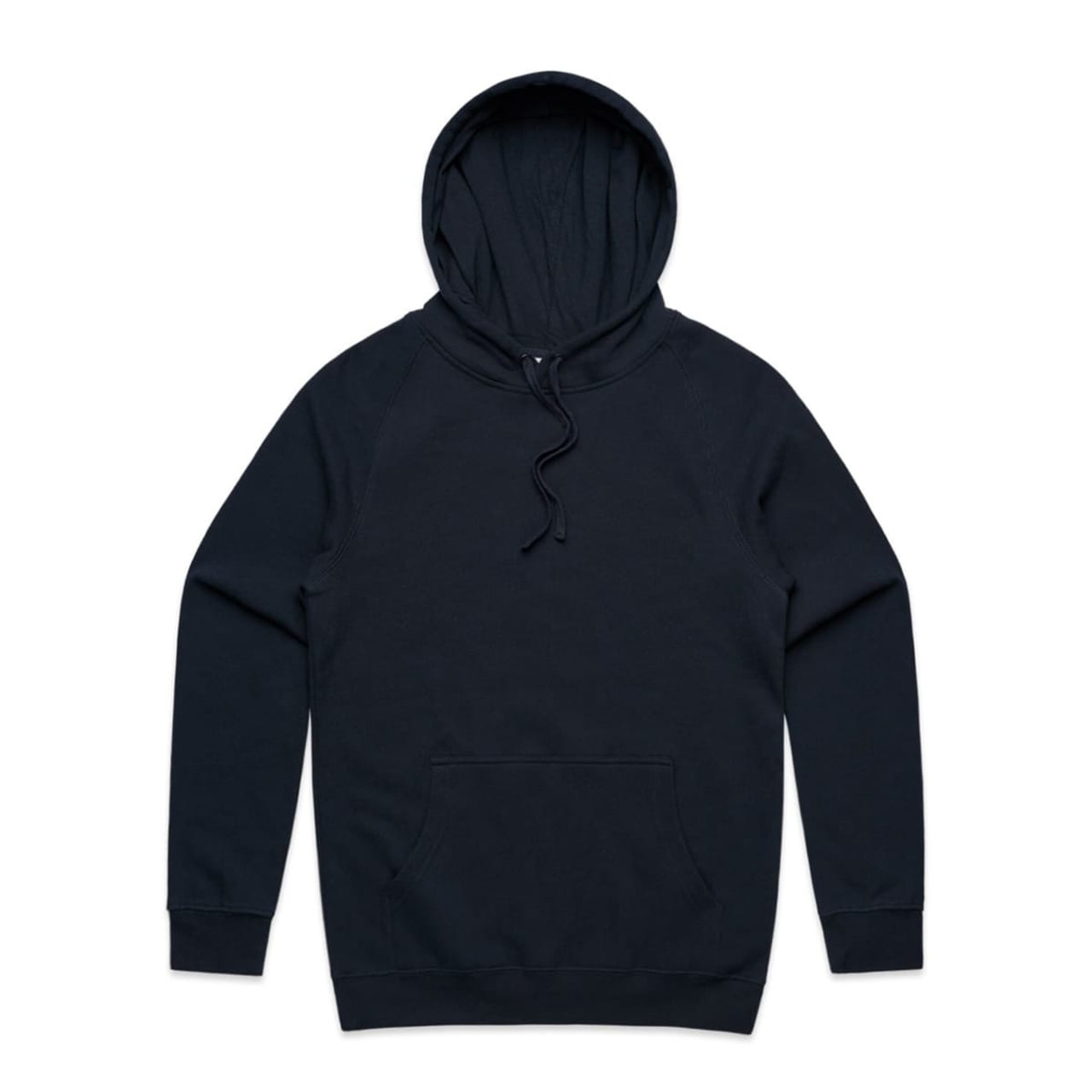 A black hoodie with a drawstring and a front kangaroo pocket, featuring a branding logo.