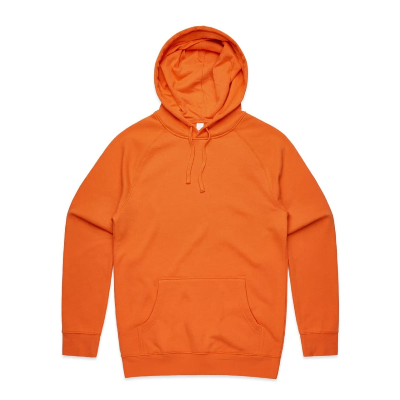 An orange hoodie with a front pocket and a hood, featuring a logo.
