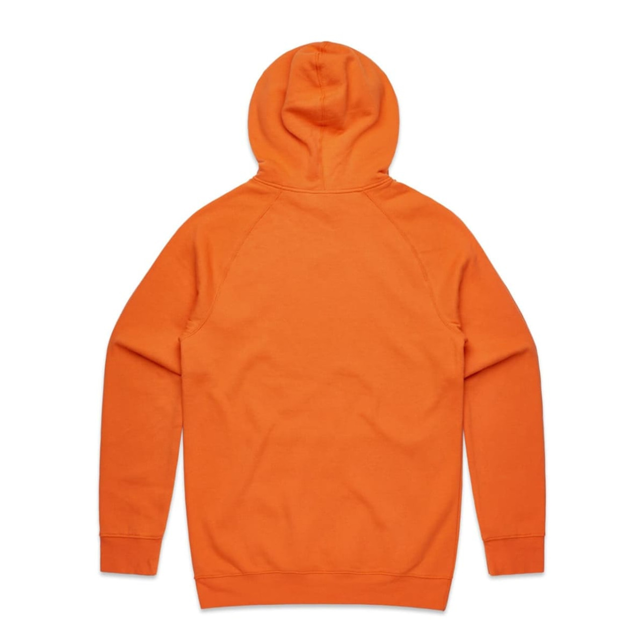An orange hoodie with a hood and long sleeves, featuring a logo on the back.