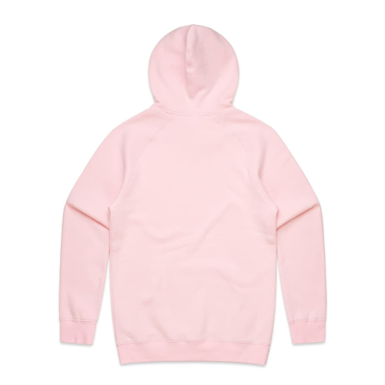 A pink hoodie with a hood and raglan sleeves, featuring a plain back without any visible logos or branding.