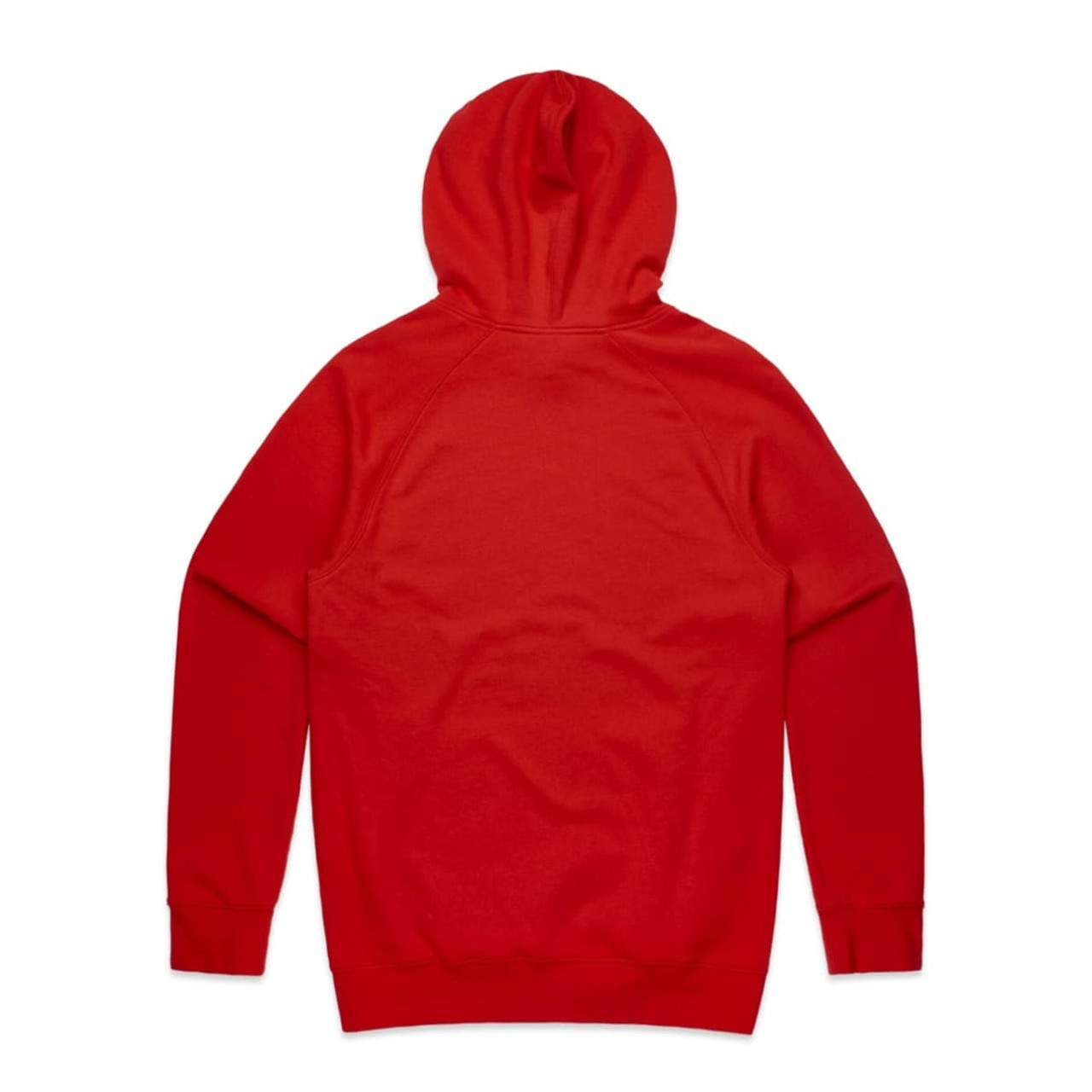 A red hoodie with a hood and long sleeves, featuring raglan sleeves and a seamless back design.