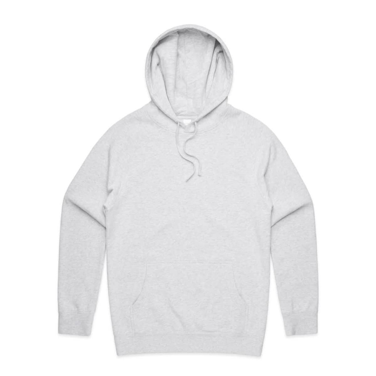 A grey hoodie featuring a front pocket and a drawstring hood, with a logo on it.