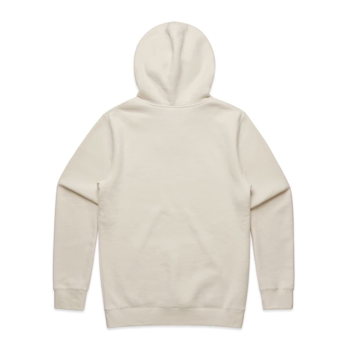 A cream-coloured hoodie with a hood and long sleeves, featuring a back view and a subtle branding logo.