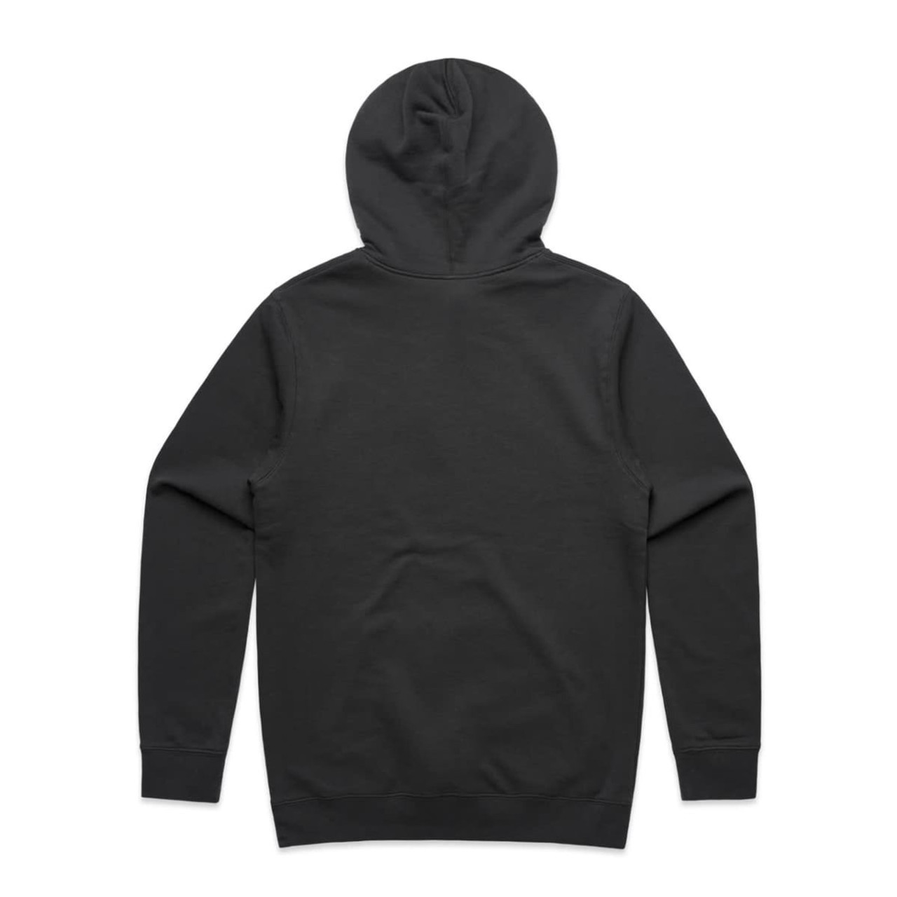 A dark grey hoodie featuring a hood and long sleeves. Includes a logo on the back.