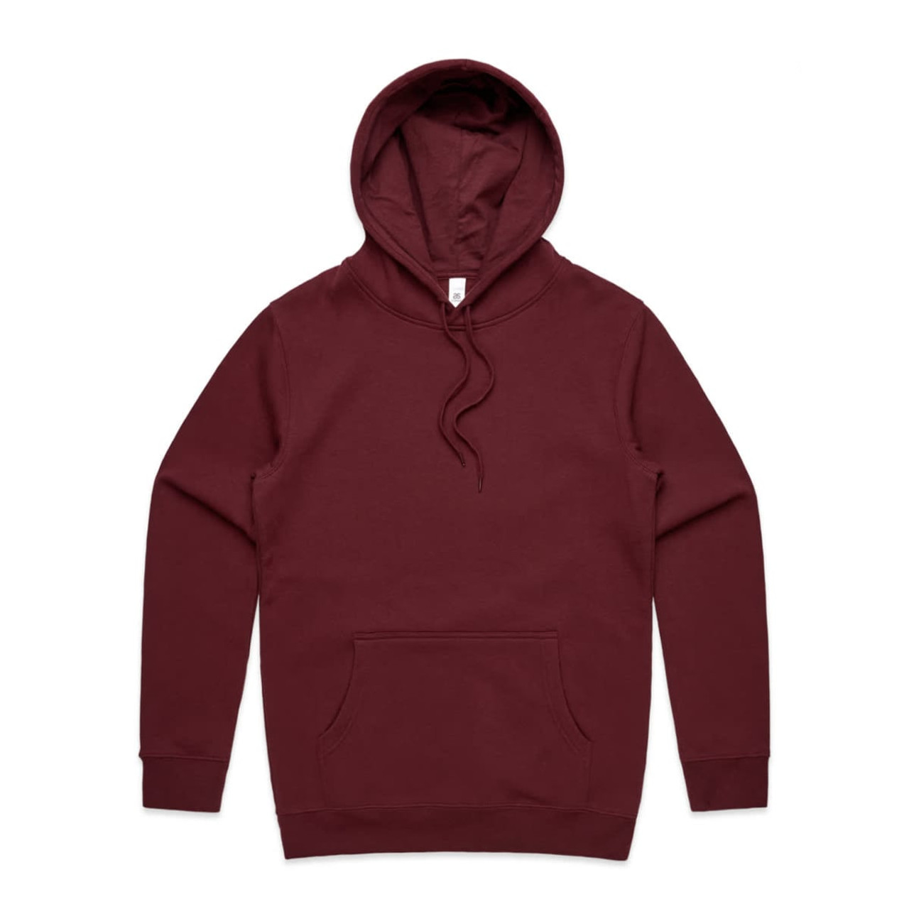 A maroon hoodie with a front pocket and a hood, featuring a subtle logo.