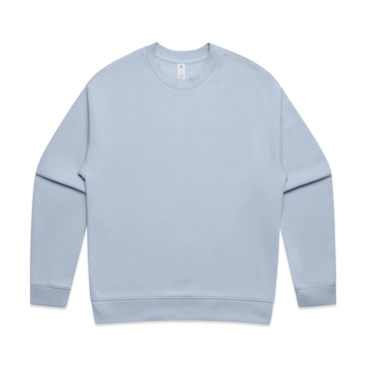 A light blue sweater featuring a round neckline and long sleeves, with a small logo on the label.