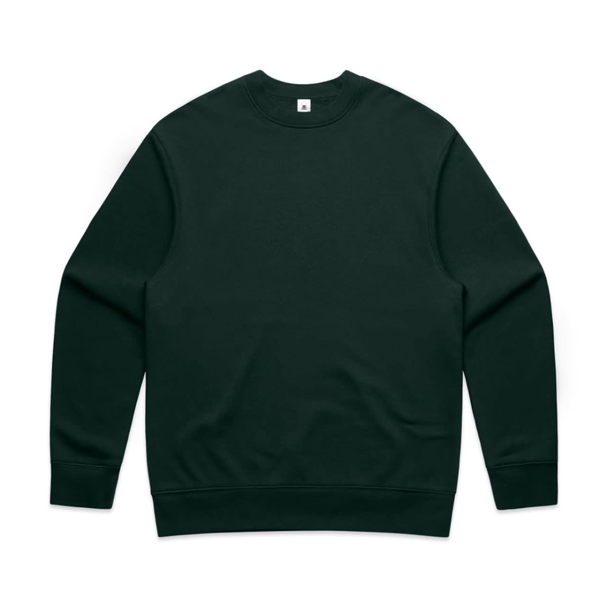 A dark green jumper with a crew neck and long sleeves, featuring a plain design and a logo.