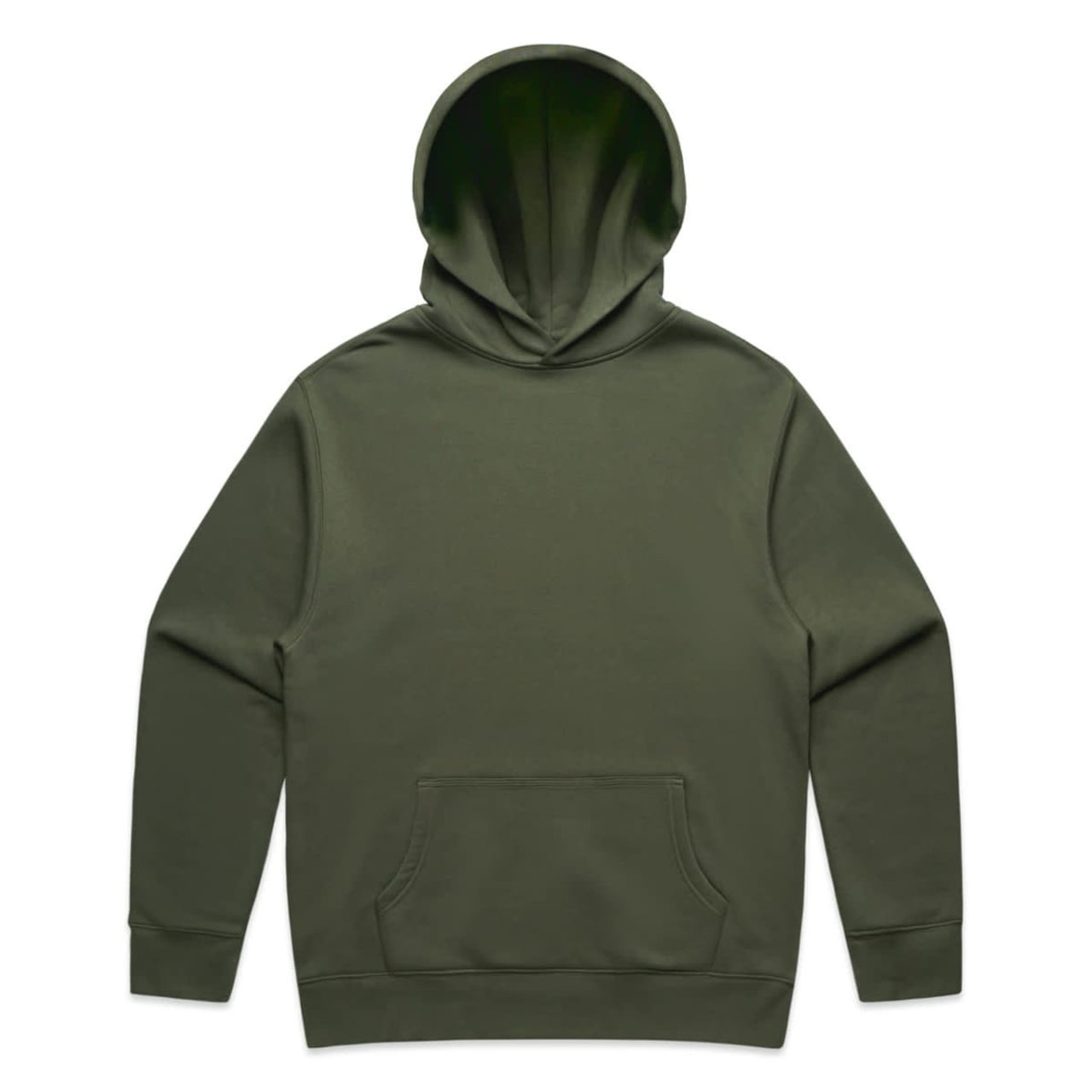 An olive green hoodie with a front pocket and a large hood, featuring a small logo.
