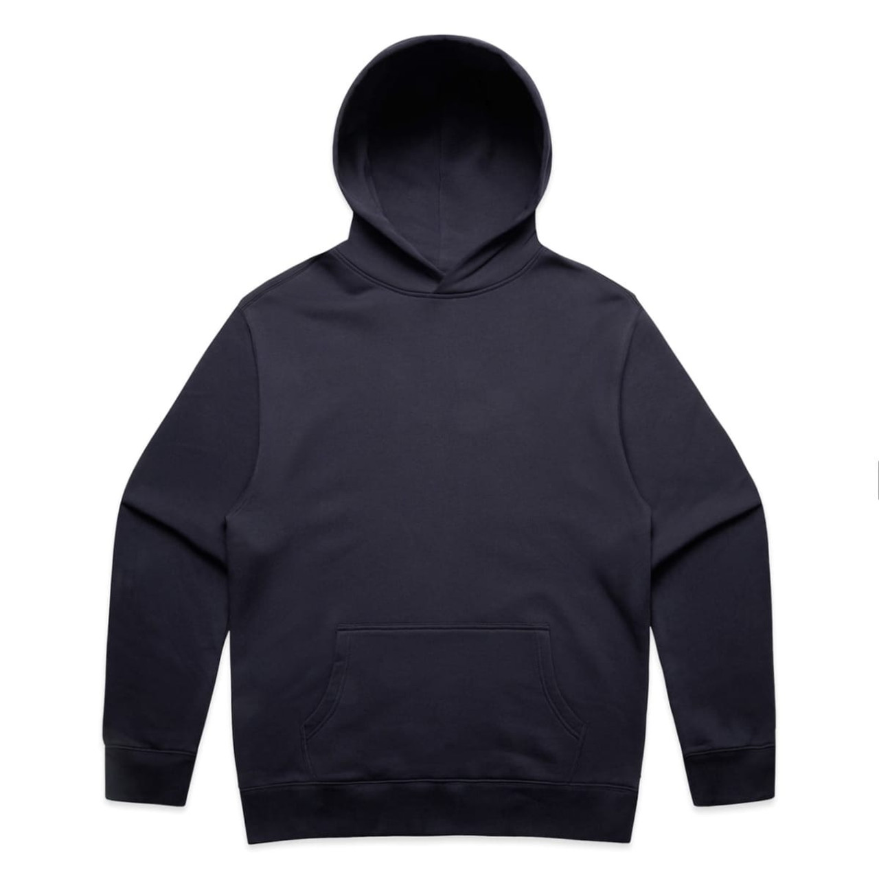 A navy blue hoodie featuring a large front pocket and a hood. The garment has a simple design and includes a logo.