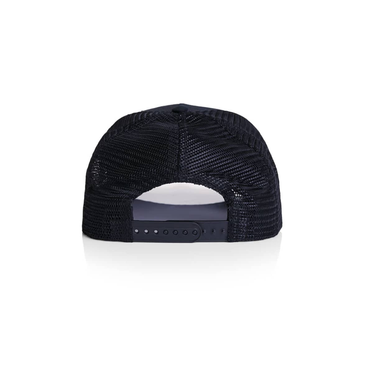 A black trucker cap with a mesh back and an adjustable strap, featuring a logo on the back.
