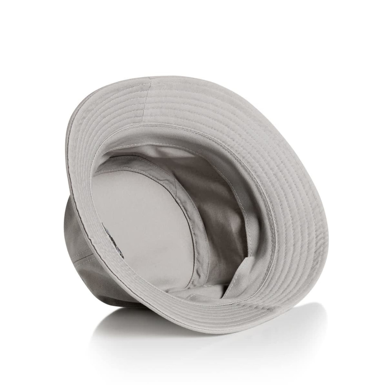 A grey bucket hat with a wide brim and an interior lining, featuring a logo on the inside.