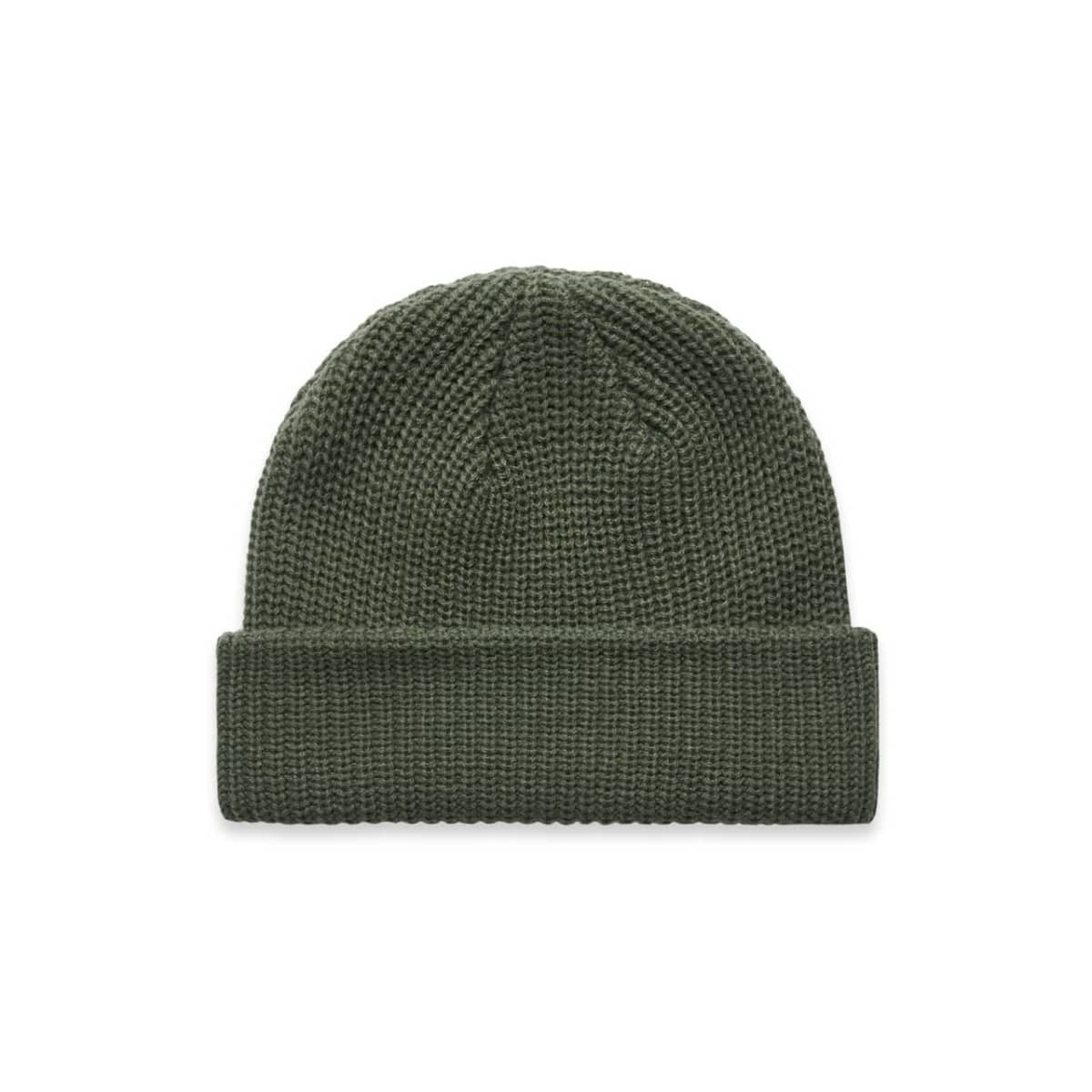 A green knitted beanie with a fold-up brim, featuring a logo on the side.