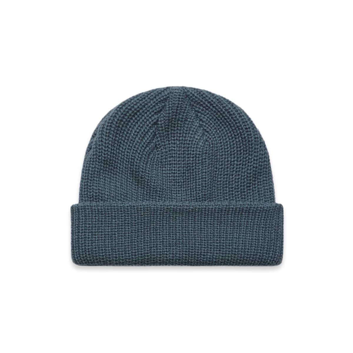 A blue beanie with a textured knit design and a folded cuff. It features a logo on the side.