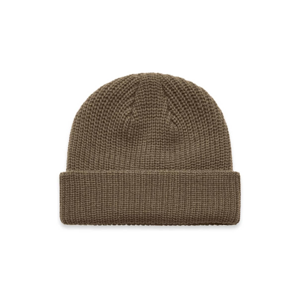 A brown knitted beanie with a folded cuff and a textured design, featuring a logo.