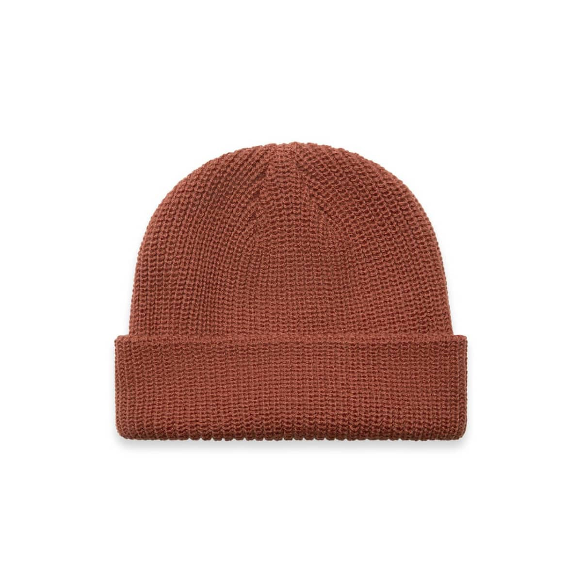 A brown knitted beanie featuring a folded cuff and a textured design, with a logo present.
