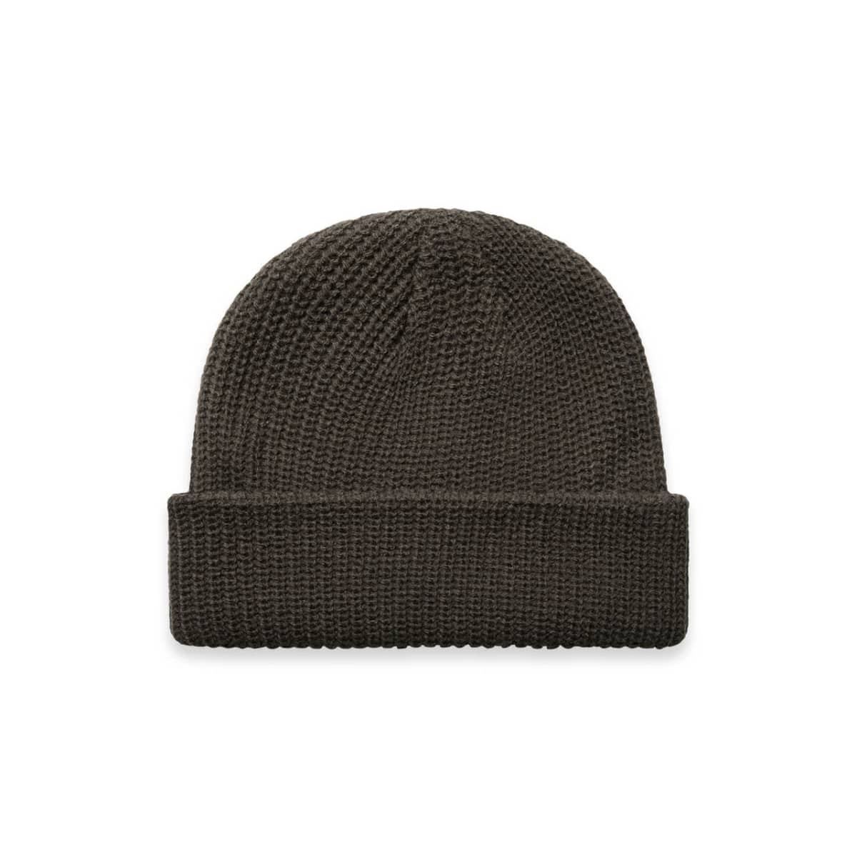 A dark brown beanie with a textured knit design and a folded cuff. It features a logo on the side.