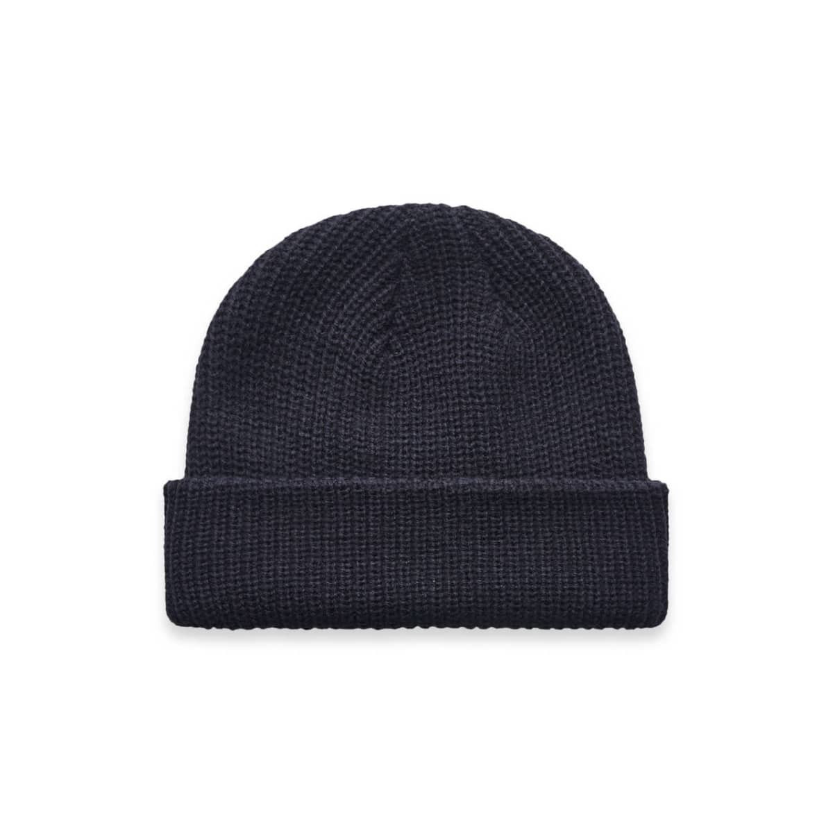 A navy knitted beanie with a fold-up cuff, featuring a branding logo.