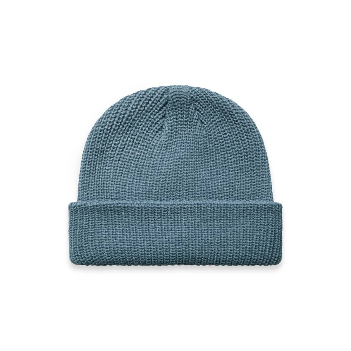 A blue beanie with a textured knit design and a folded brim. It features a logo on the side.