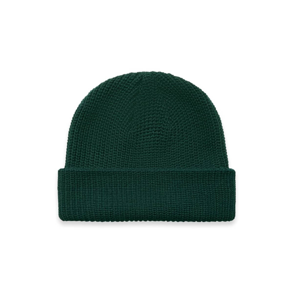 A green knit beanie with a rolled cuff and a subtle logo, perfect for headwear.