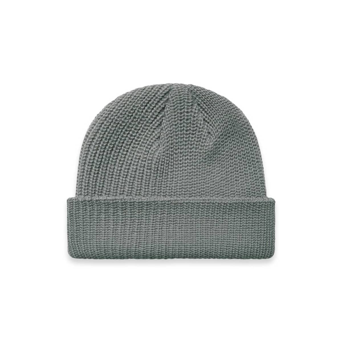 A grey beanie with a textured knit design and a folded cuff, featuring a logo.