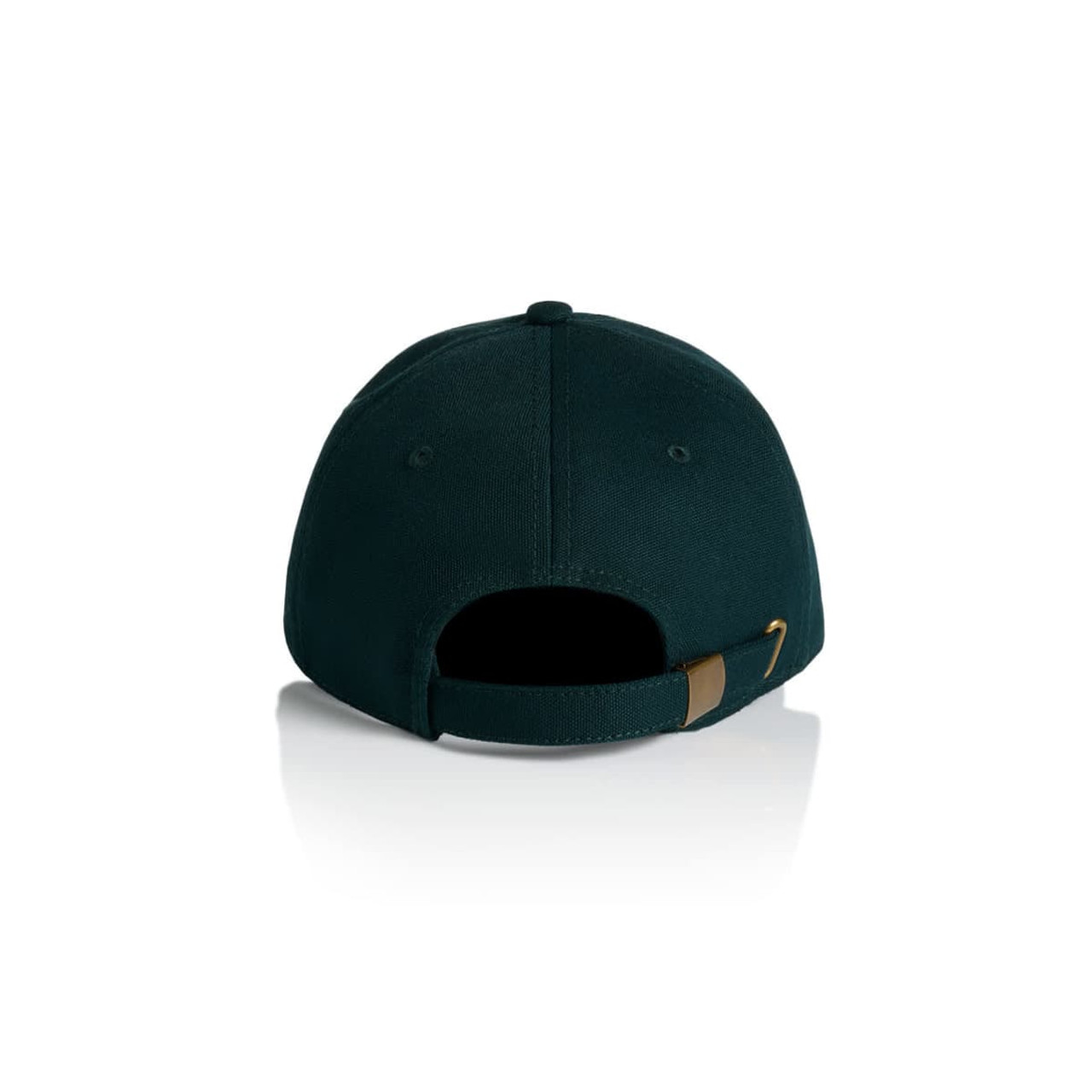 A dark green cap featuring a curved brim and an adjustable strap at the back. It has a logo on the side.