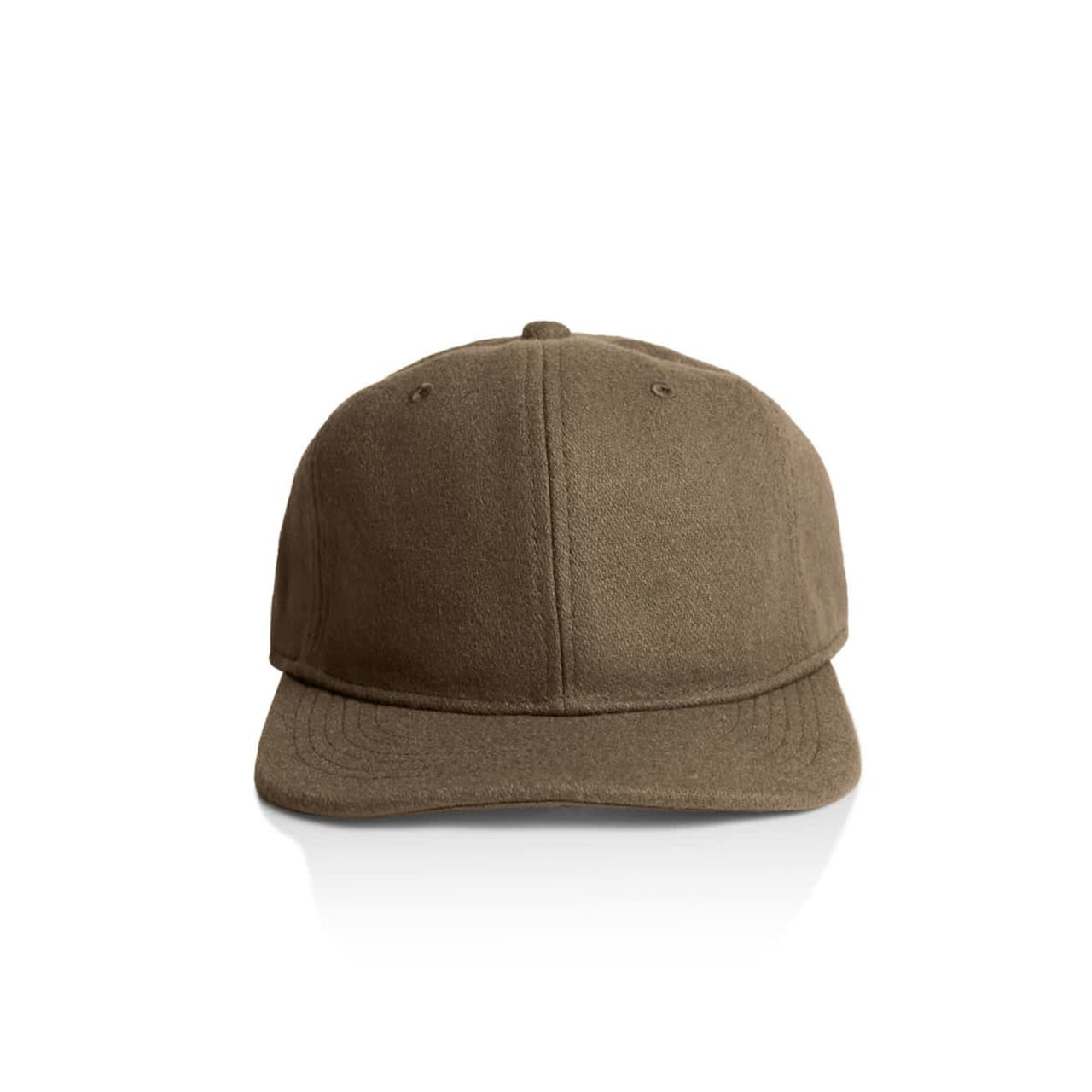 A brown wool cap with a structured design and a flat brim, featuring a logo on the front.