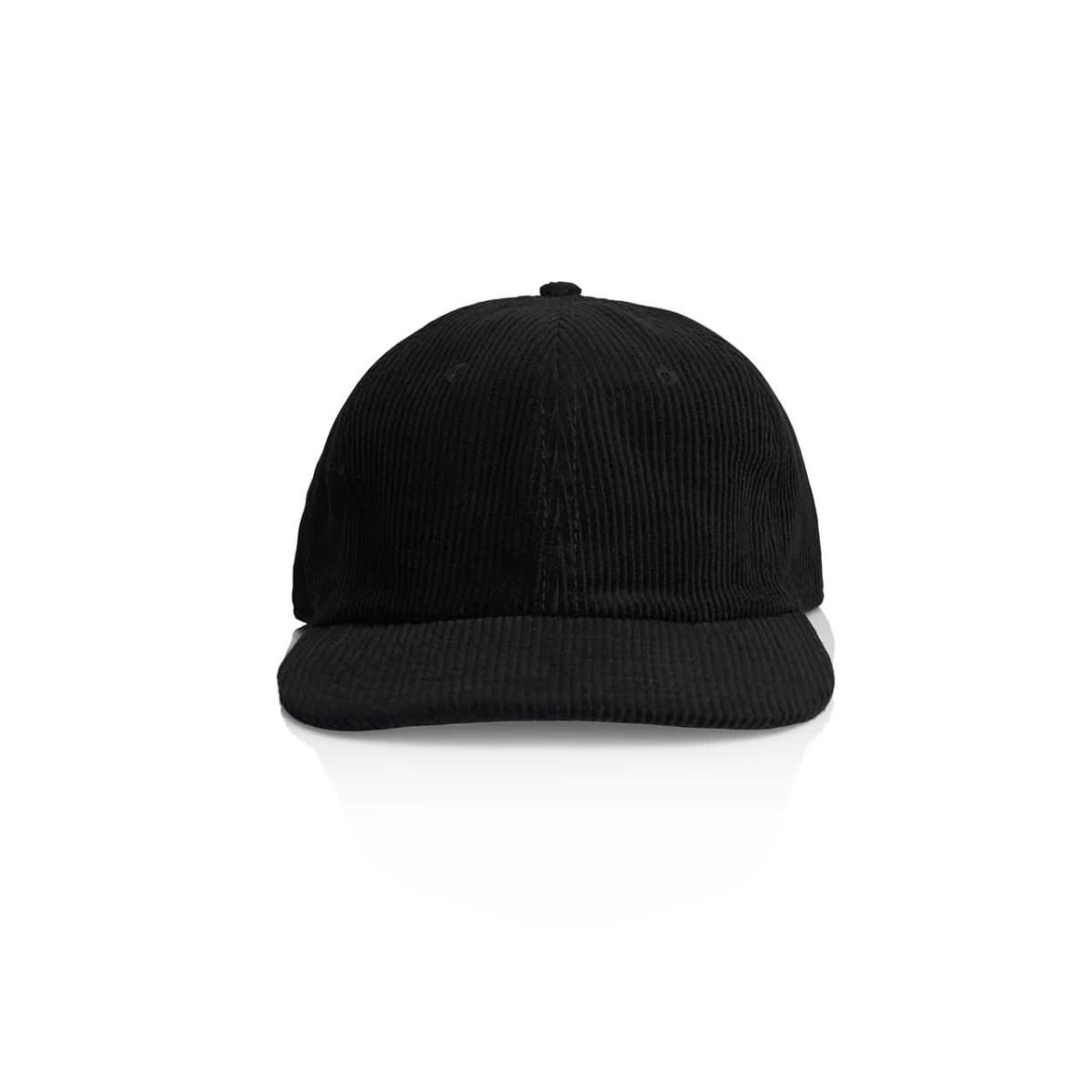 A black corduroy cap with a curved brim, featuring a logo on the front.