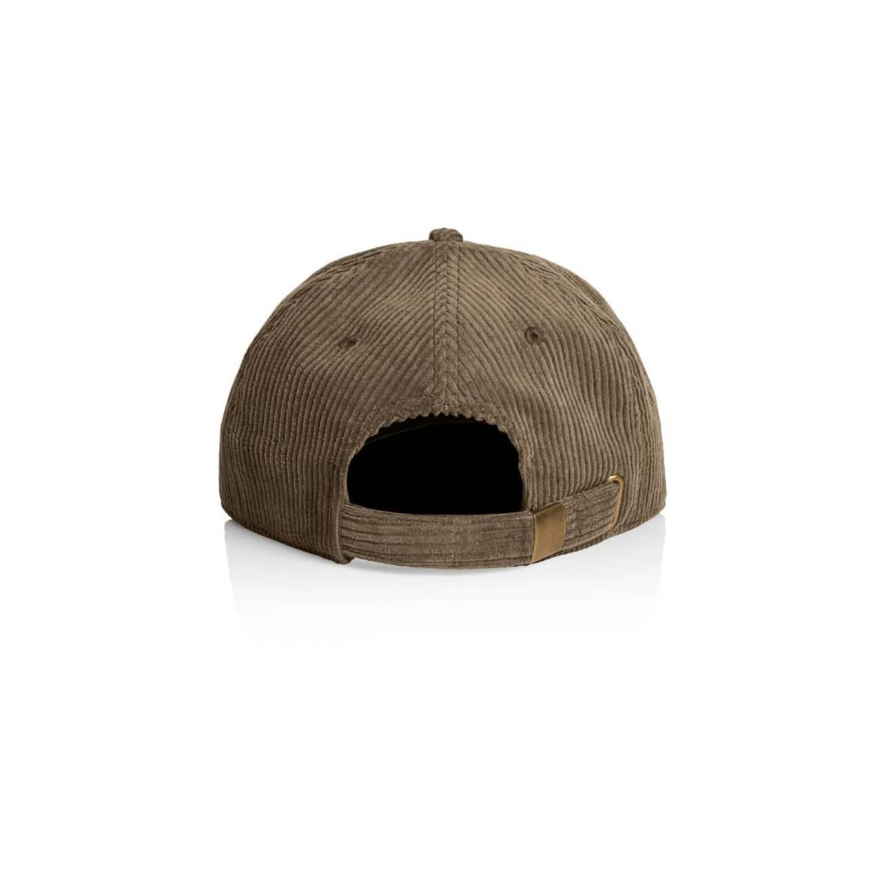 A brown corduroy cap with a rear adjustment strap and a logo. The texture is ribbed and plush.