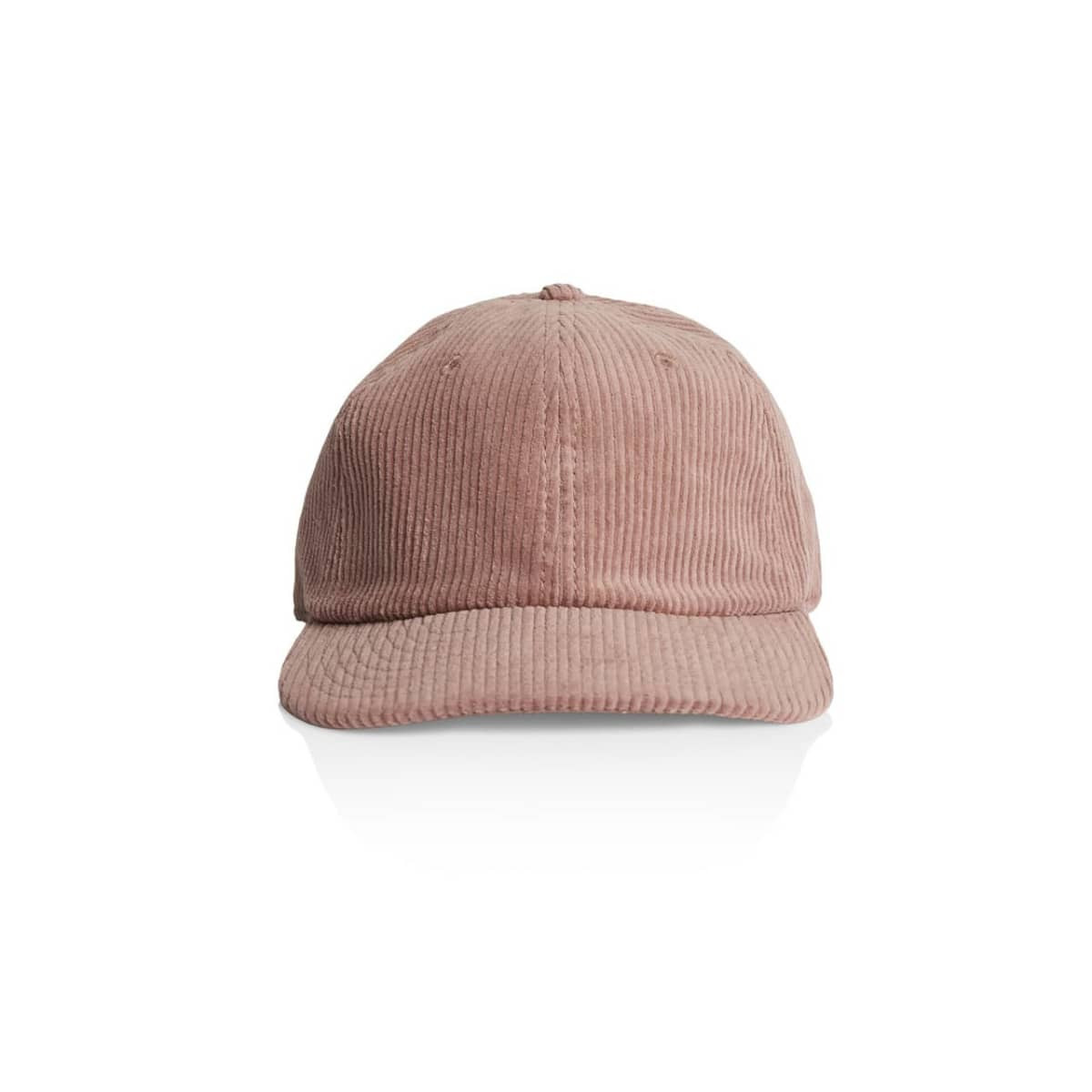 A pink corduroy cap featuring a rounded crown and a curved brim, showcasing a minimalist design.
