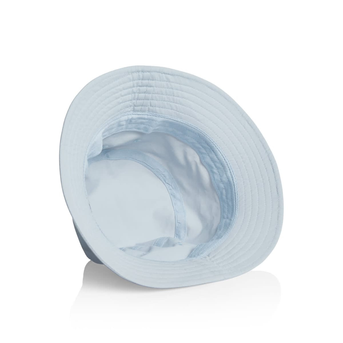 Light blue nylon bucket hat with a wide brim and an interior lining, featuring a logo on the exterior.