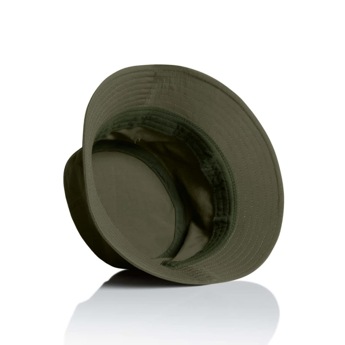 A nylon bucket hat in olive green, featuring a wide brim and an inner lining. It has a logo inside.