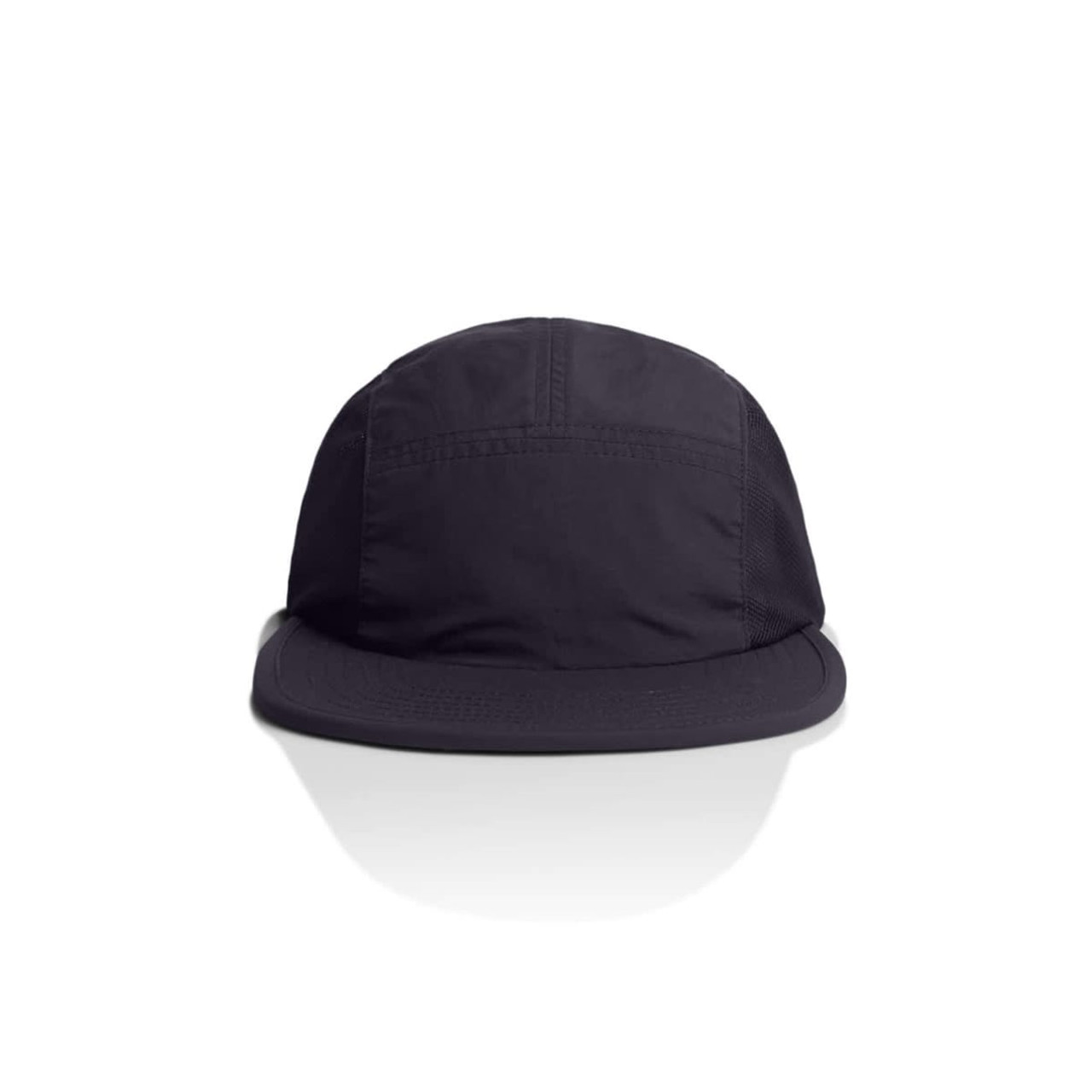 A black cap with a flat brim and a logo, featuring a lightweight fabric design.