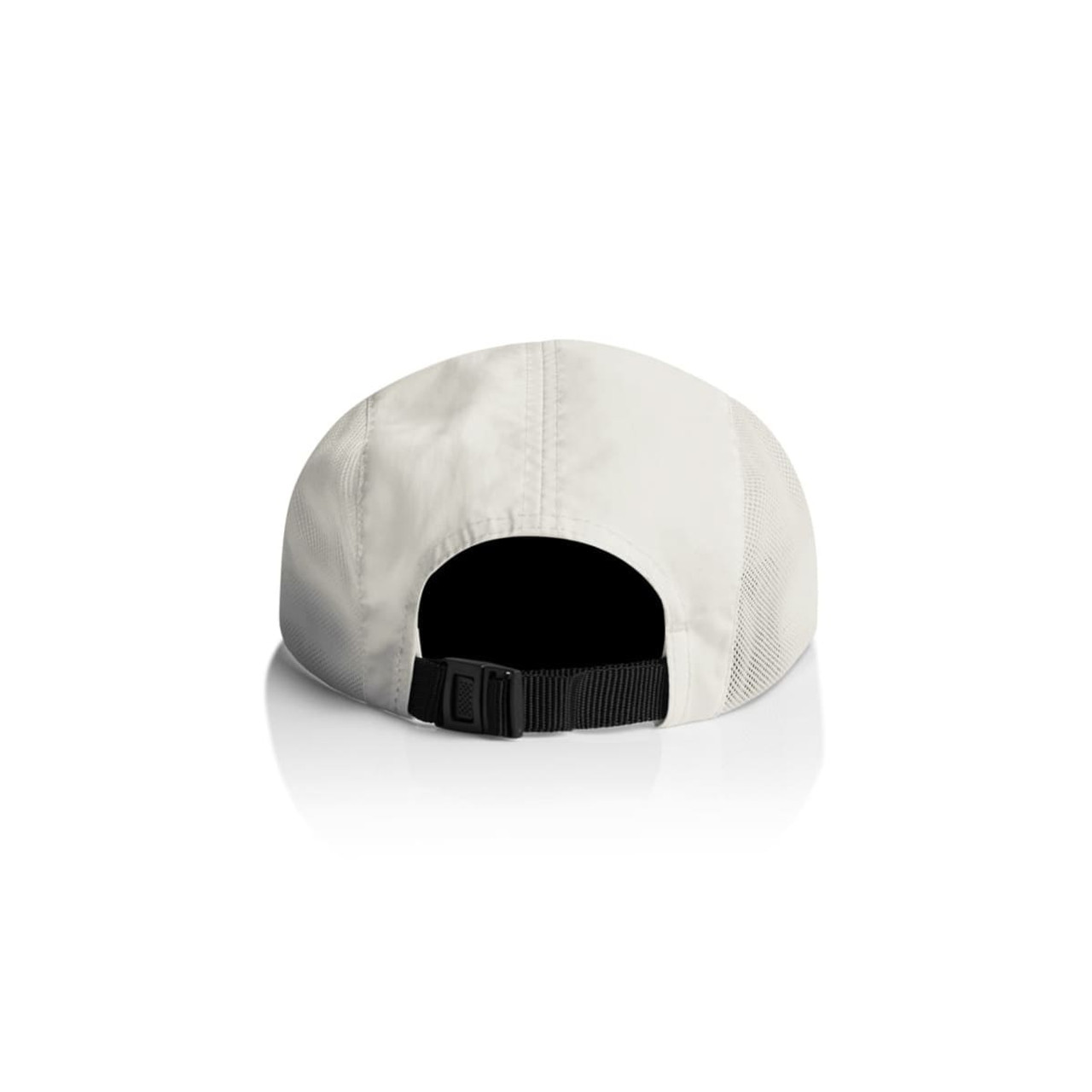 A light grey cap with a black adjustable strap at the back and a logo on the side.