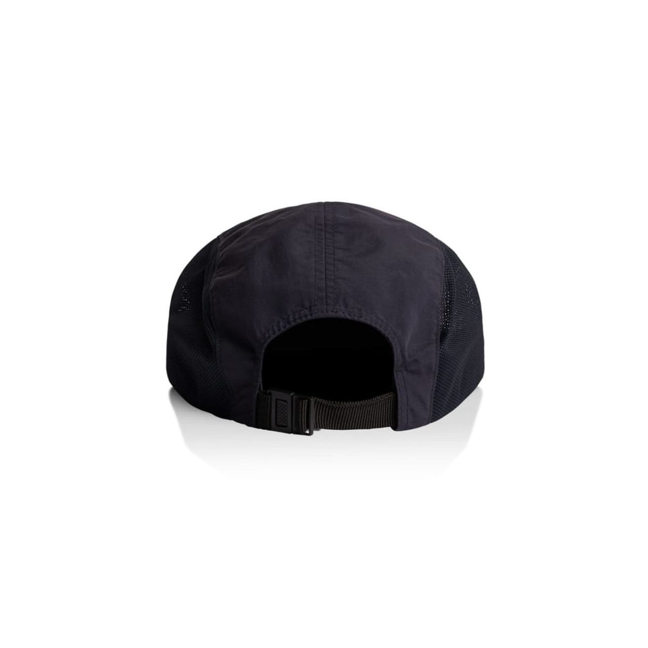 A black cap with mesh sides and an adjustable strap at the back, featuring a logo.