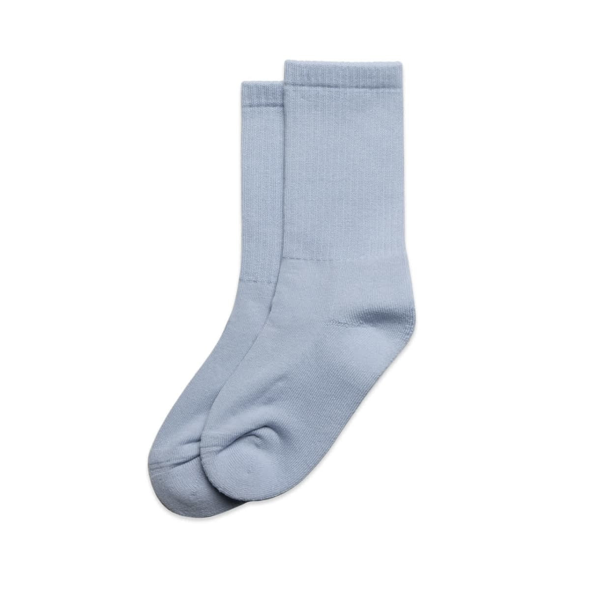 Two pairs of light blue socks, featuring a simple design and ribbed cuffs, displayed together.