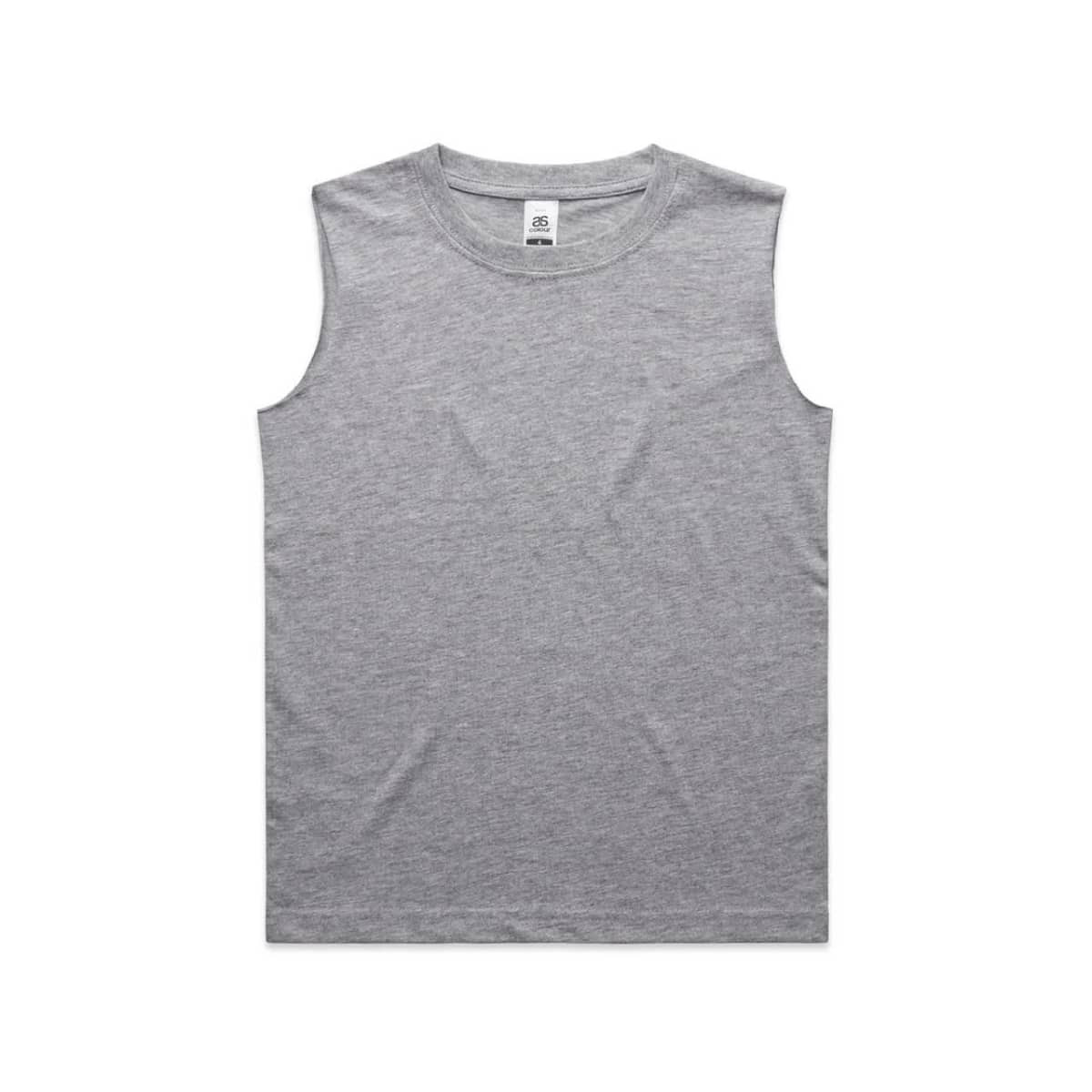 A grey sleeveless tank top displayed flat. The garment features a label and has a simple, classic design.